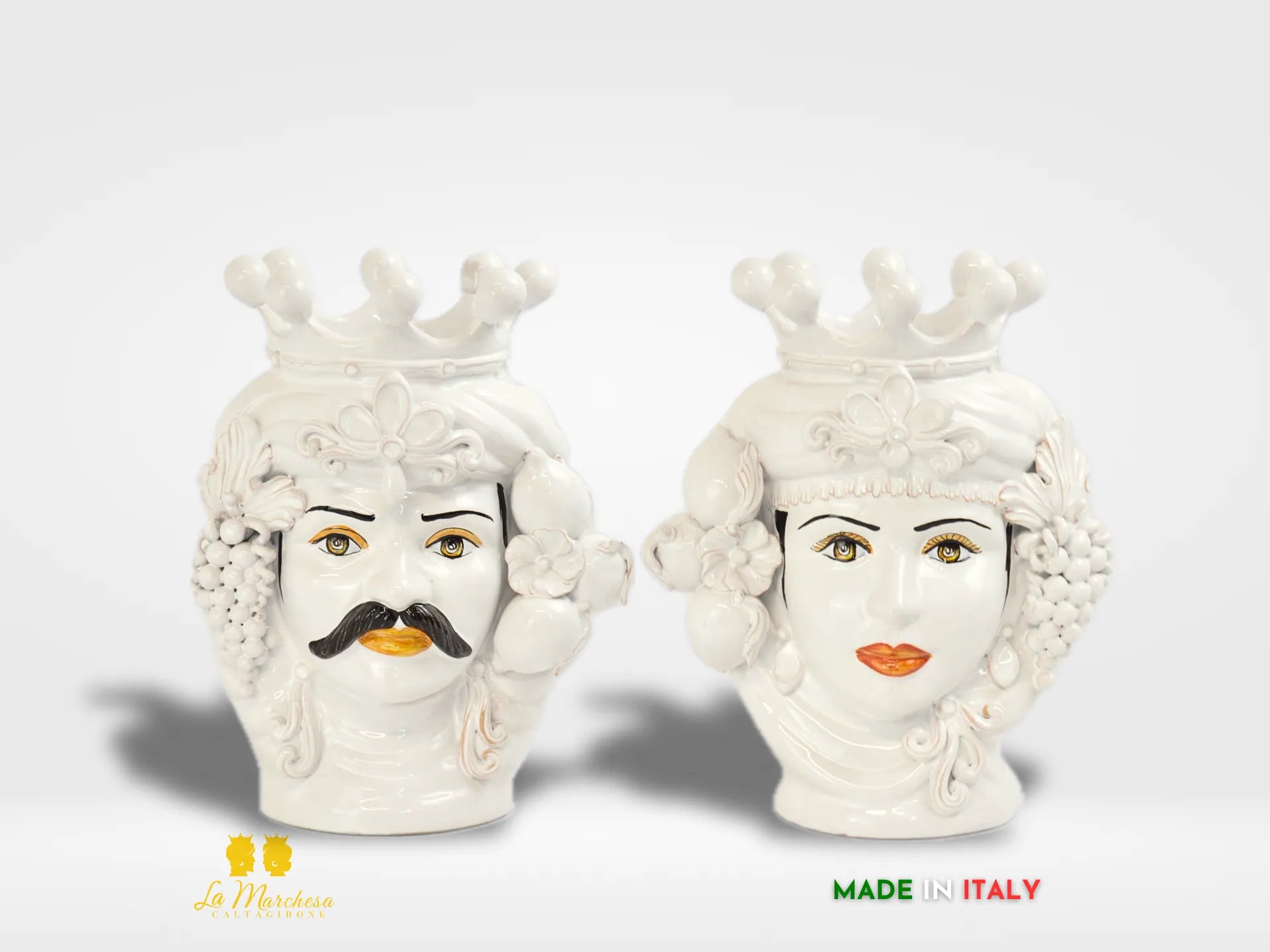 FINE SERIE - Teste di Moro Bianche Ceramica di Caltagirone Corona e Frutta h38
