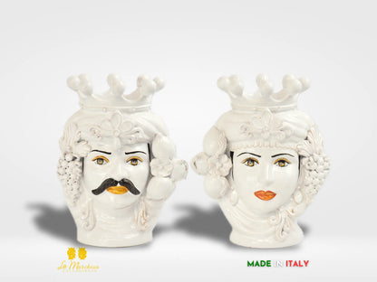 FINE SERIE - Teste di Moro Bianche Ceramica di Caltagirone Corona e Frutta h38