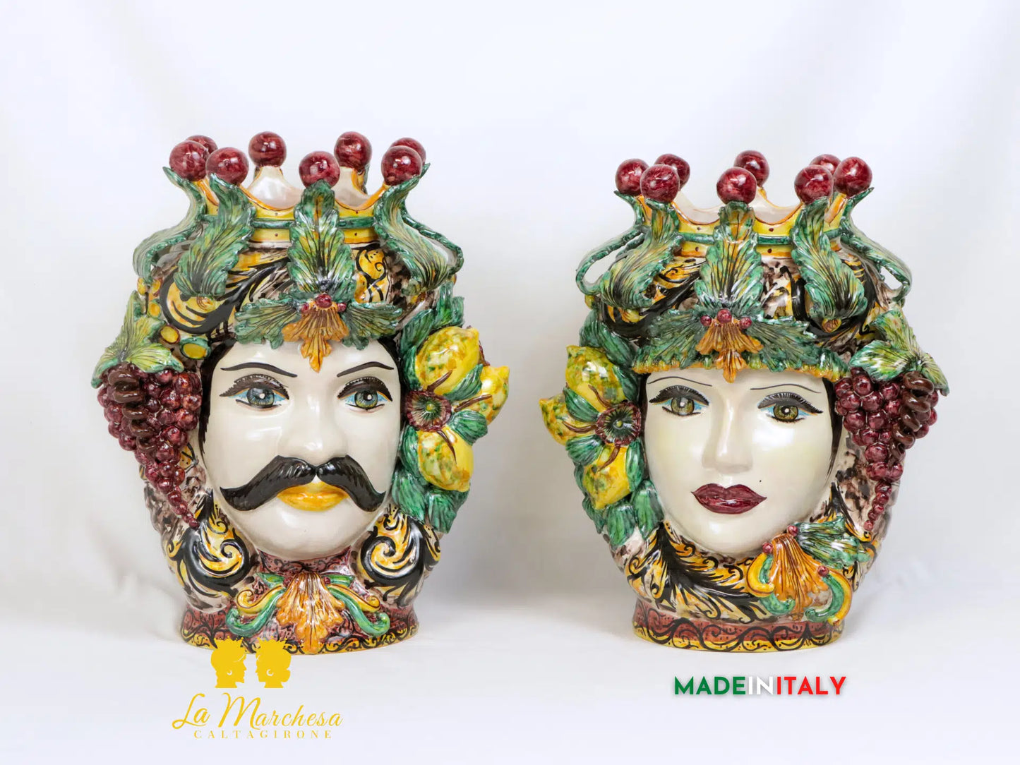 Teste di Moro Taormina Foglie di Acanto e Frutta in Ceramica di Caltagirone 38cm - Vari Modelli