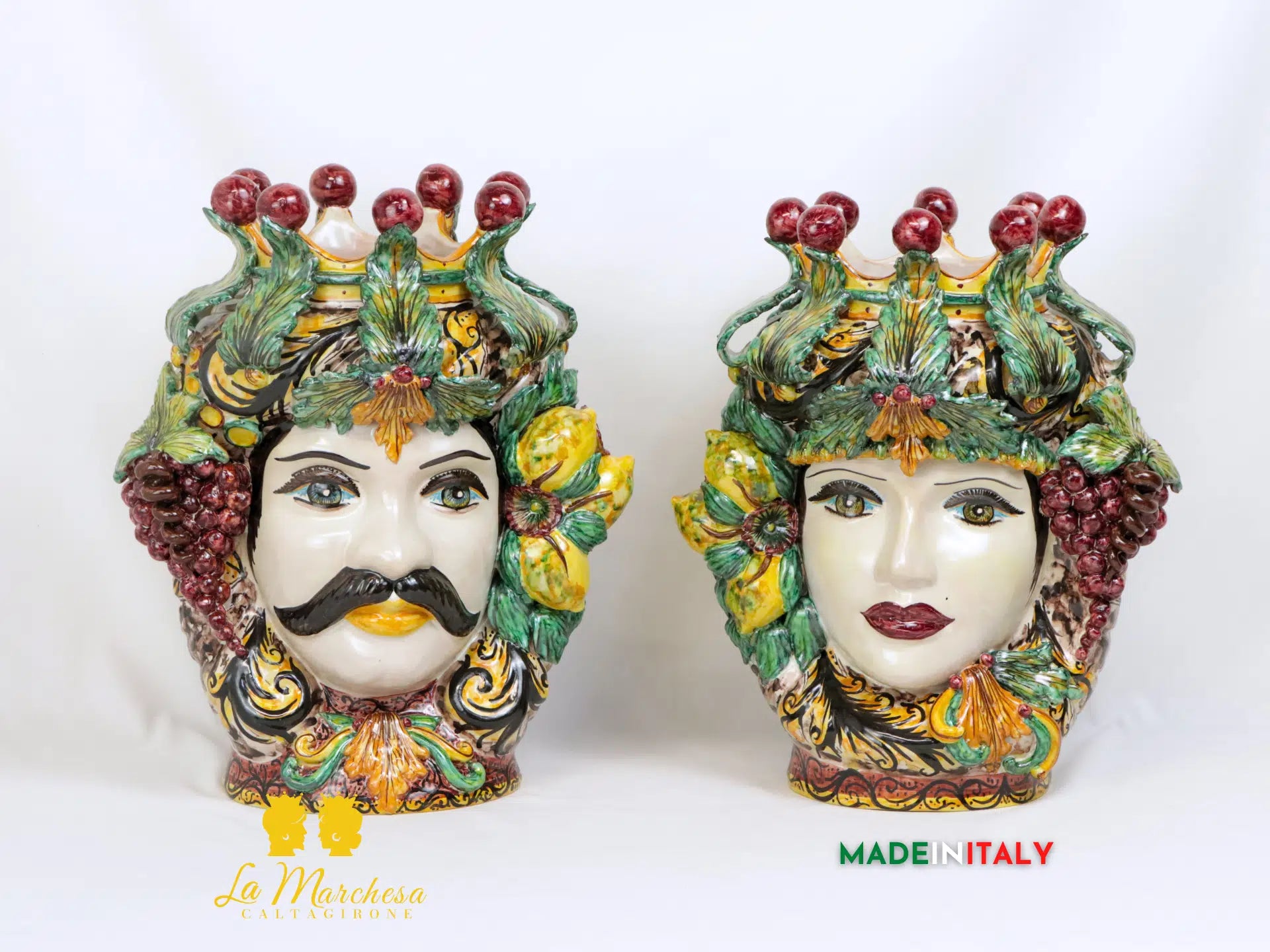 Teste di Moro Taormina Foglie di Acanto e Frutta in Ceramica di Caltagirone 38cm - Vari Modelli