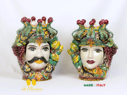 Teste di Moro Taormina Foglie di Acanto e Frutta in Ceramica di Caltagirone 38cm - Vari Modelli