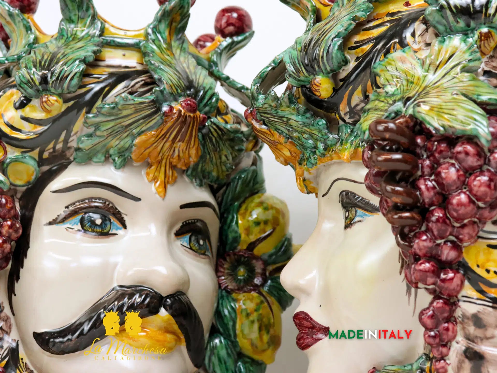 Teste di Moro Taormina Foglie di Acanto e Frutta in Ceramica di Caltagirone 38cm - Vari Modelli