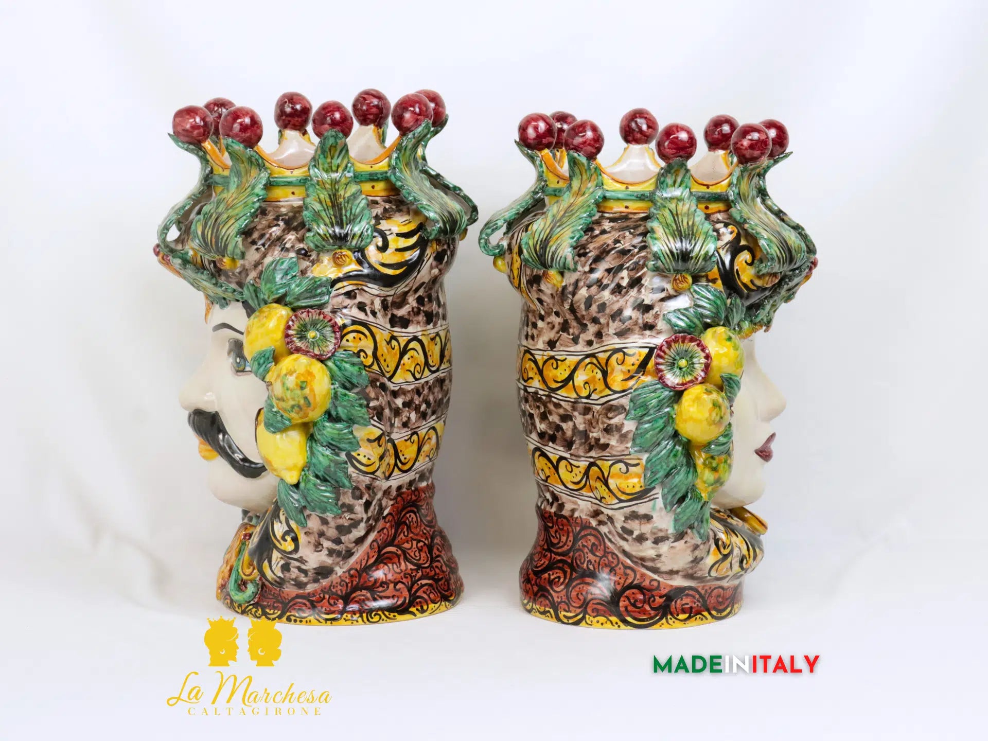 Teste di Moro Taormina Foglie di Acanto e Frutta in Ceramica di Caltagirone 38cm - Vari Modelli