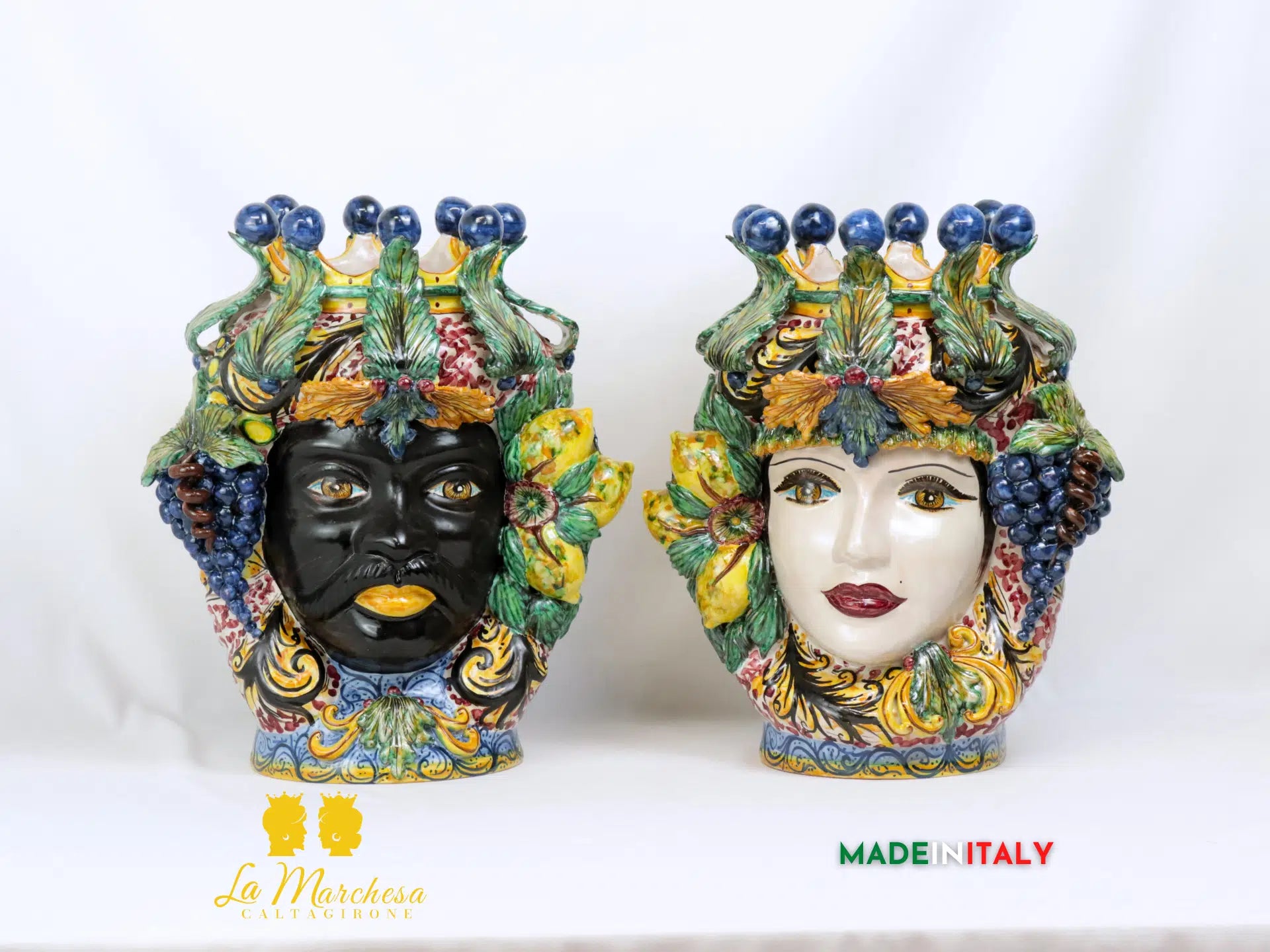 Teste di Moro Taormina Foglie di Acanto e Frutta in Ceramica di Caltagirone 38cm - Vari Modelli