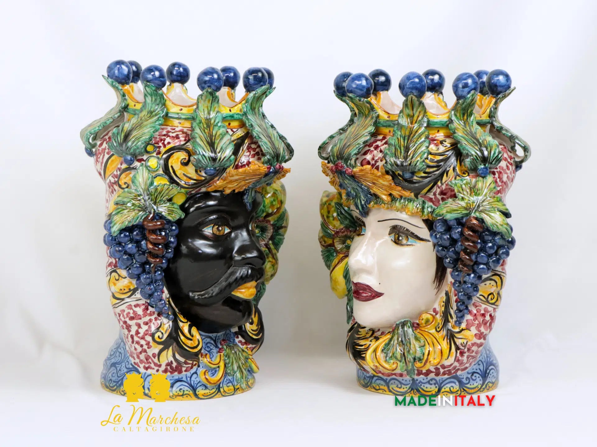 Teste di Moro Taormina Foglie di Acanto e Frutta in Ceramica di Caltagirone 38cm - Vari Modelli
