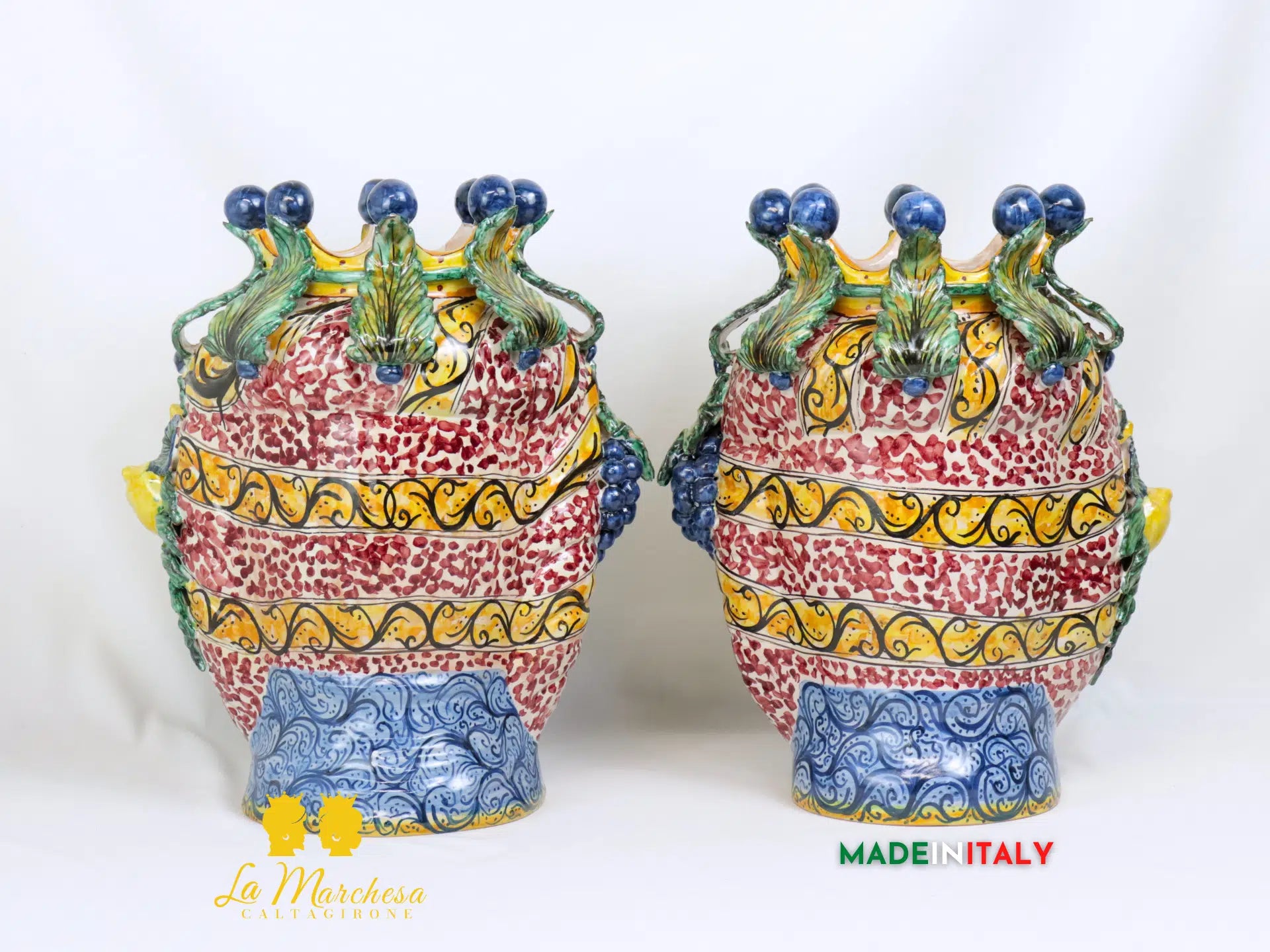 Teste di Moro Taormina Foglie di Acanto e Frutta in Ceramica di Caltagirone 38cm - Vari Modelli