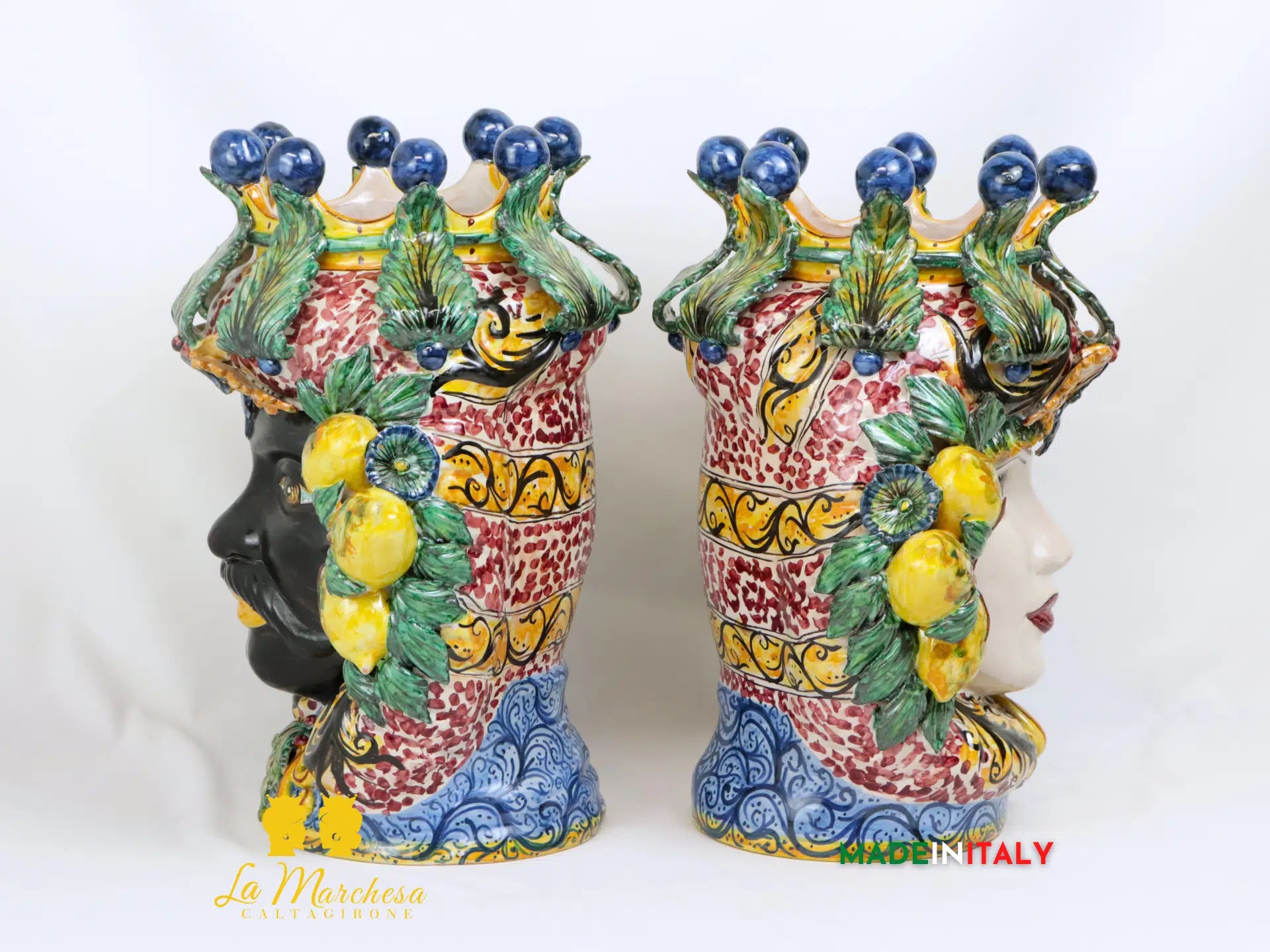Teste di Moro Taormina Foglie di Acanto e Frutta in Ceramica di Caltagirone 38cm - Vari Modelli