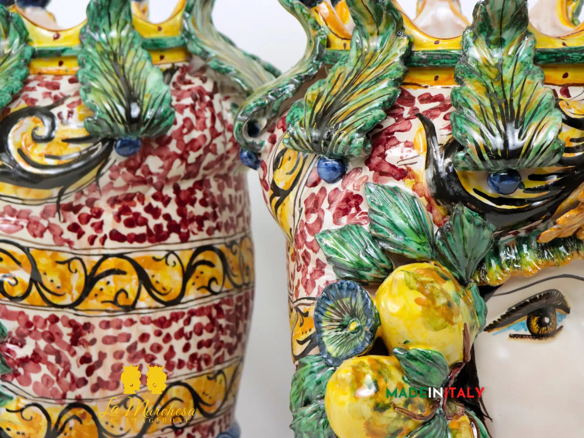 Teste di Moro Taormina Foglie di Acanto e Frutta in Ceramica di Caltagirone 38cm - Vari Modelli