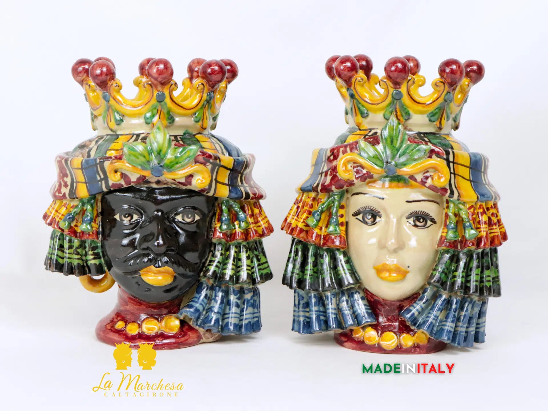 Coppia Teste di Moro Ceramica di Caltagirone con panneggio - Varie Misure