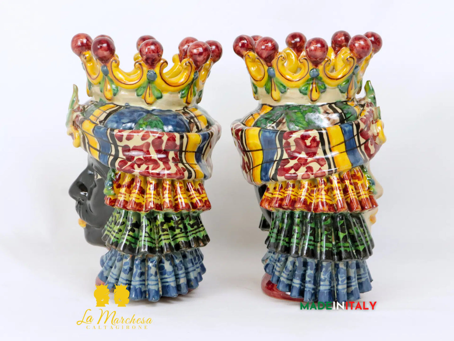 Coppia Teste di Moro in Ceramica di Caltagirone con panneggio - Varie Misure