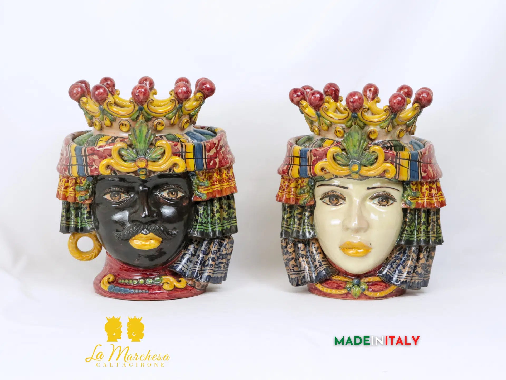 Coppia Teste di Moro Ceramica di Caltagirone con panneggio - 27cm