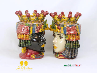 Coppia Teste di Moro in Ceramica di Caltagirone con panneggio - Varie Misure