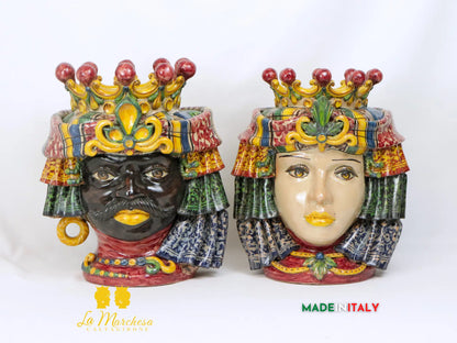 Coppia Teste di Moro in Ceramica di Caltagirone con panneggio - Varie Misure