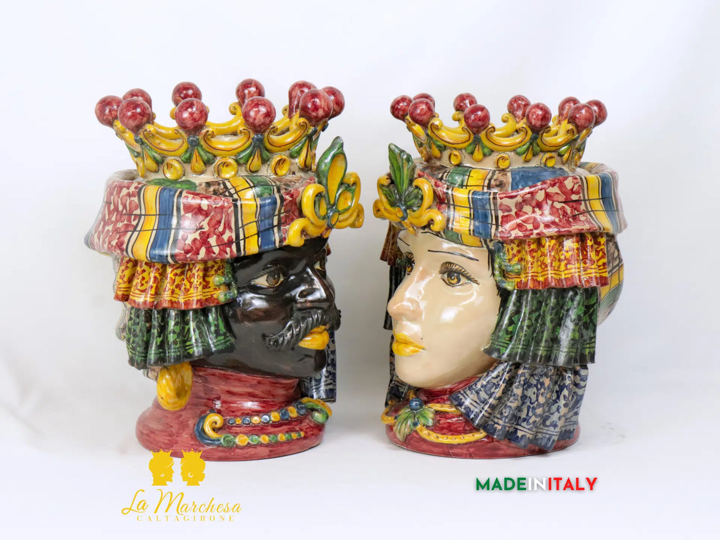 Coppia Teste di Moro in Ceramica di Caltagirone con panneggio - Varie Misure