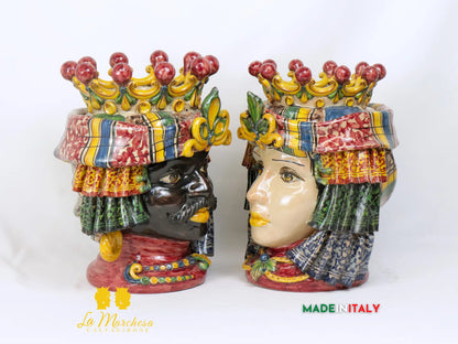 Coppia Teste di Moro in Ceramica di Caltagirone con panneggio - Varie Misure
