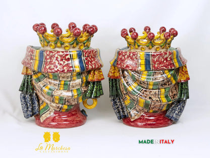 Coppia Teste di Moro in Ceramica di Caltagirone con panneggio - Varie Misure