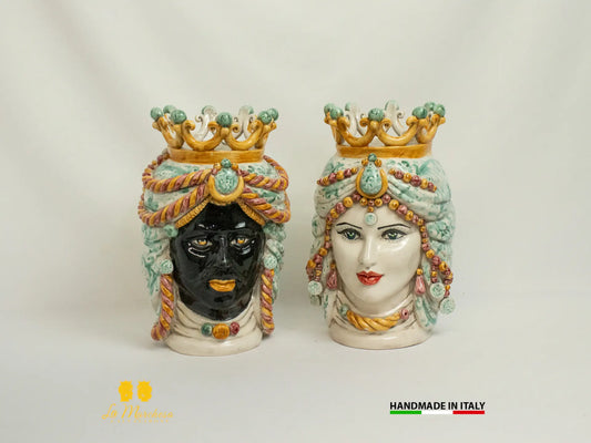 Teste di Moro in Ceramica di Caltagirone fumè decoro verde rame 28cm