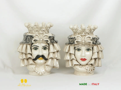 Teste di moro in ceramica di Caltagirone Turbante panneggio fumè 29cm