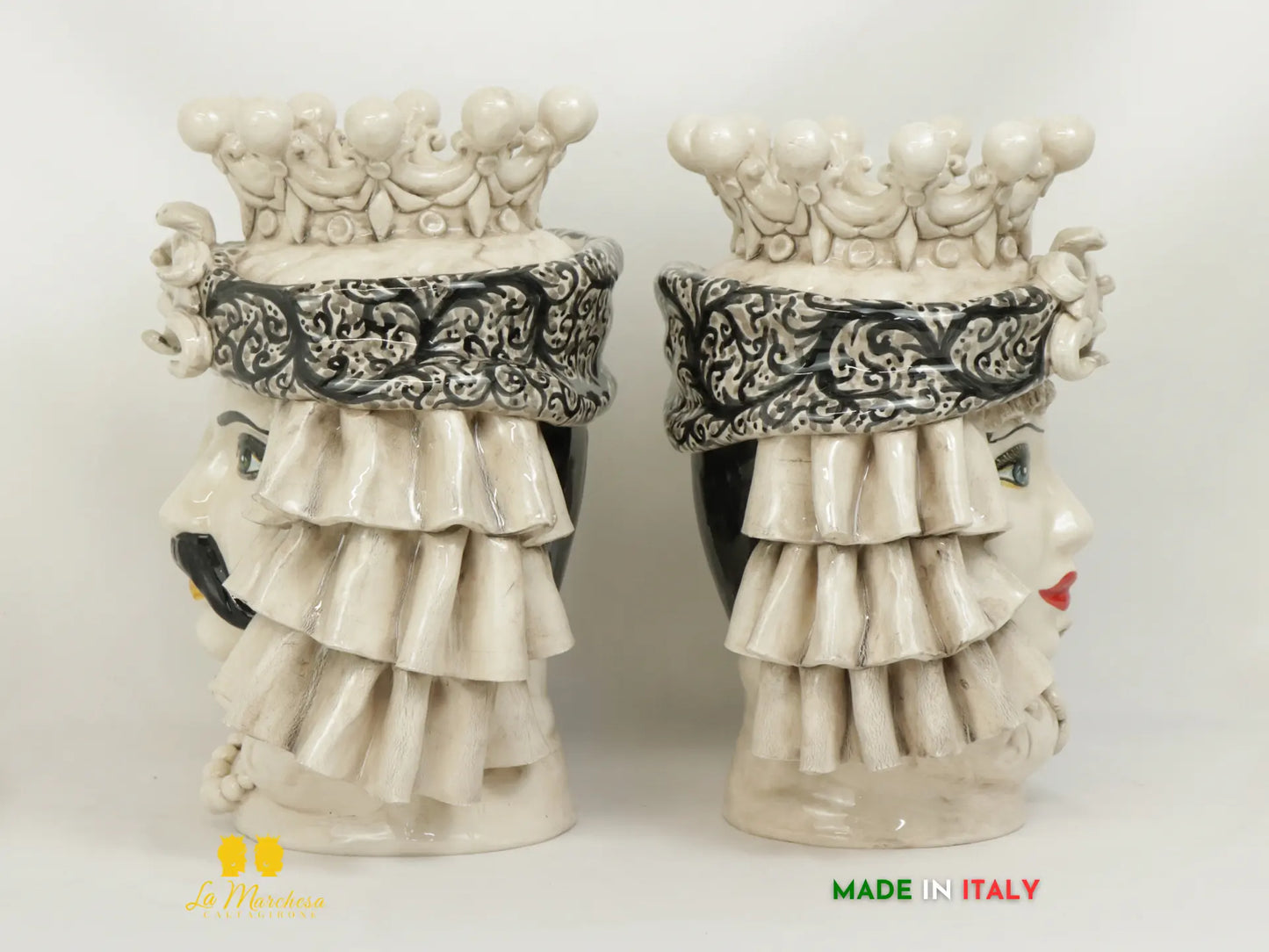 Teste di moro in ceramica di Caltagirone Turbante panneggio fumè 29cm