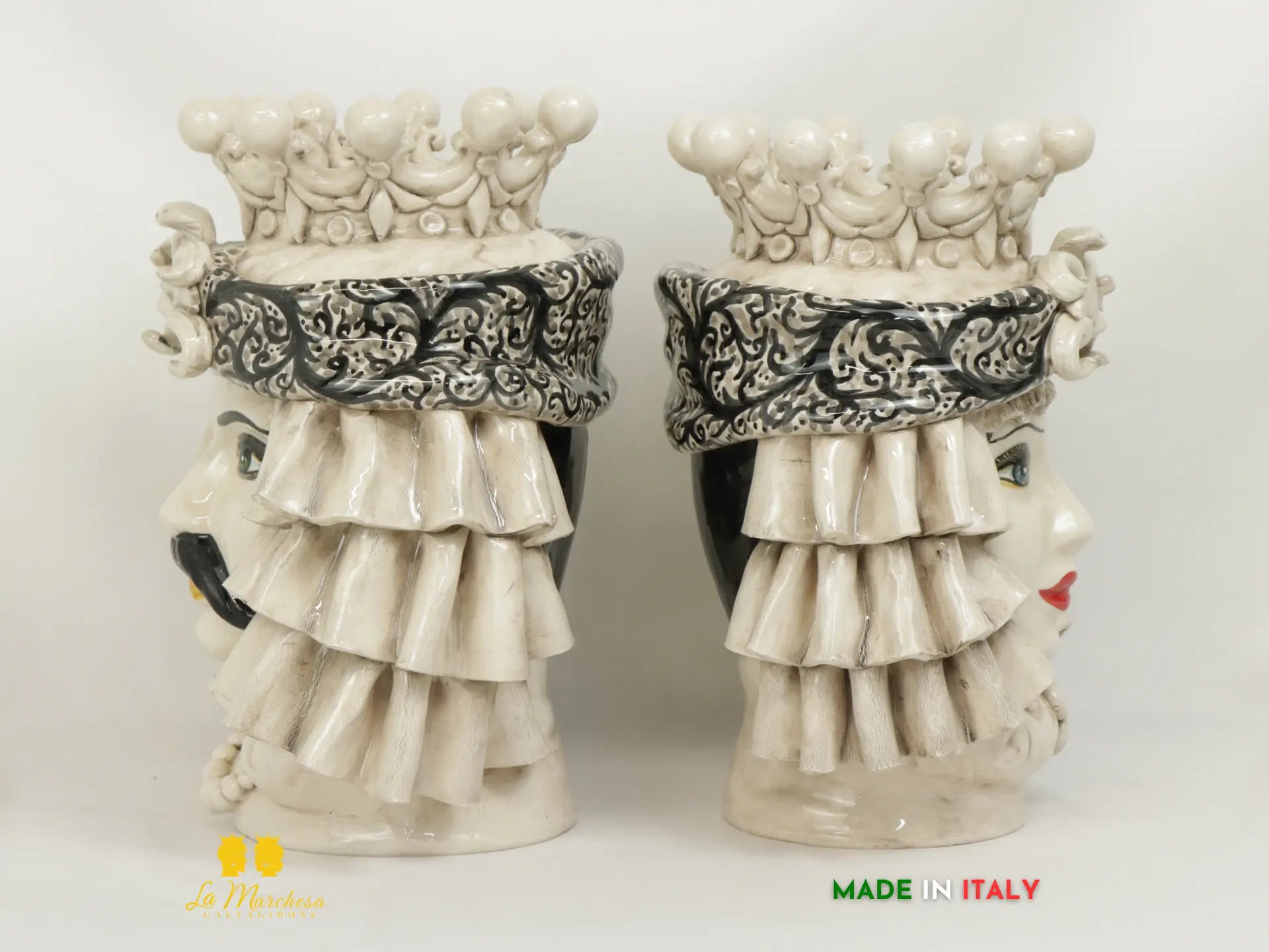 Teste di moro in ceramica di Caltagirone Turbante panneggio fumè 29cm