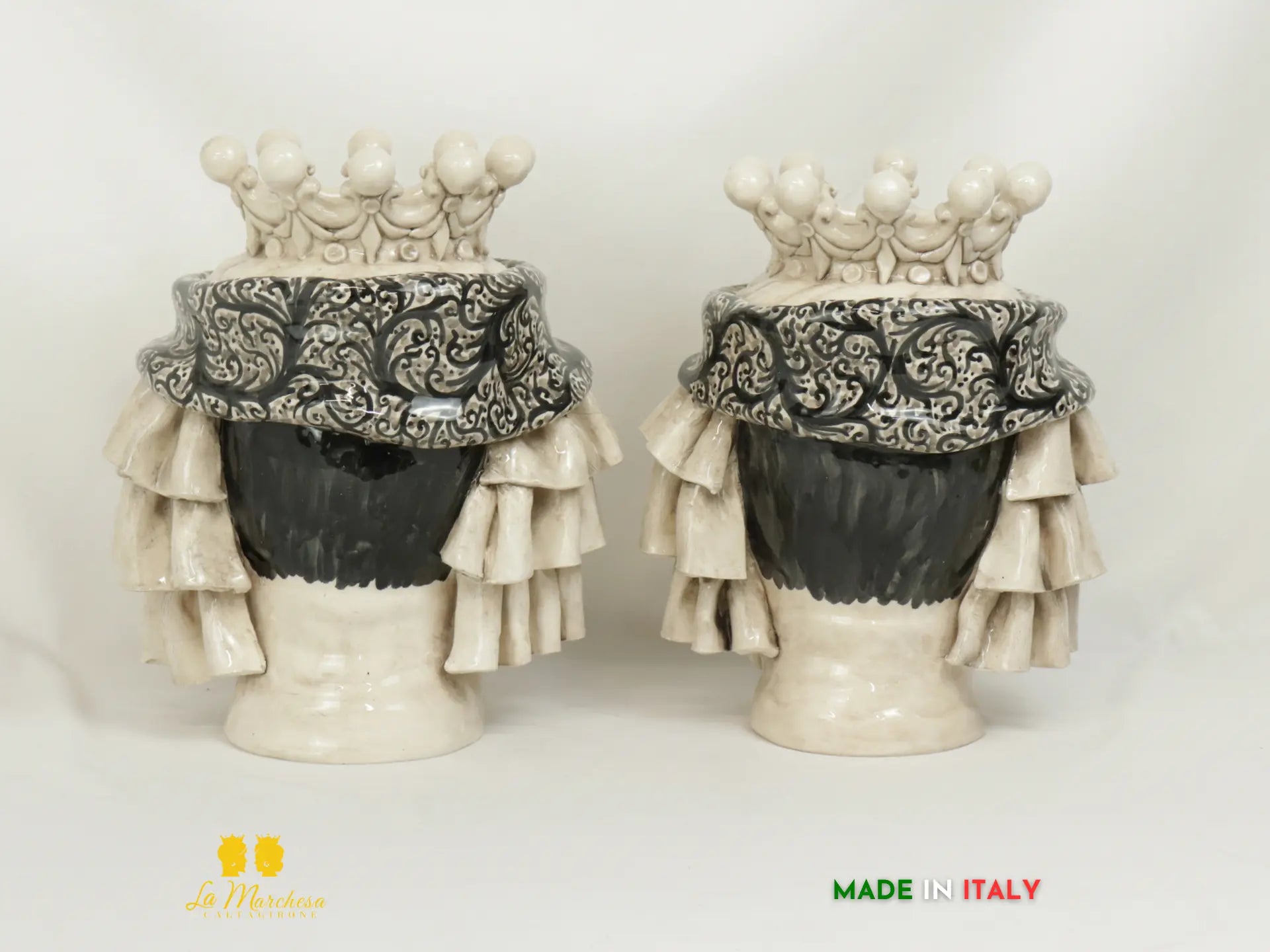 Teste di moro in ceramica di Caltagirone Turbante panneggio fumè 29cm