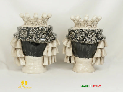 Teste di moro in ceramica di Caltagirone Turbante panneggio fumè 29cm