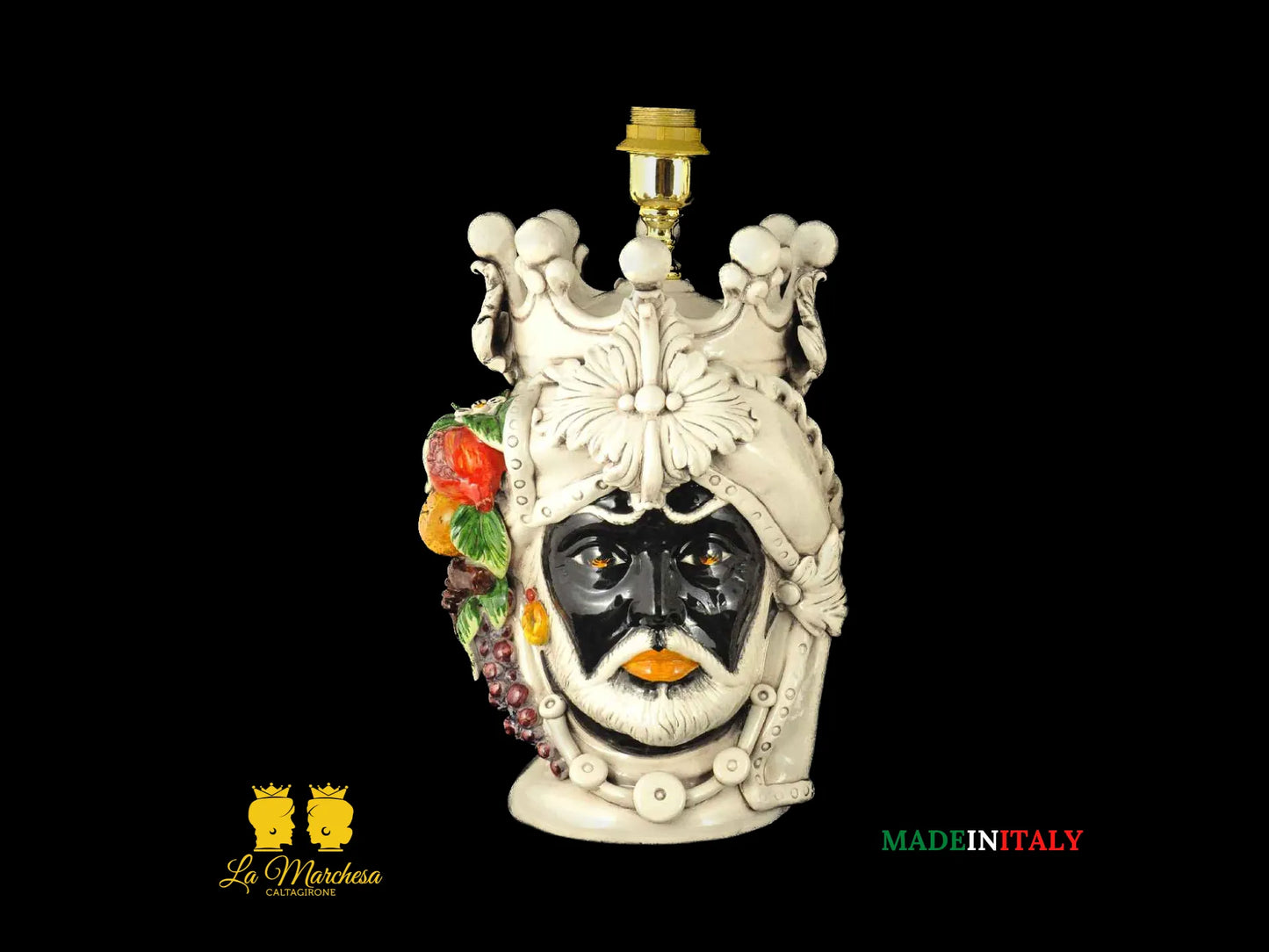 Lampada Teste di Moro ceramica Caltagirone lume fumè frutta h36