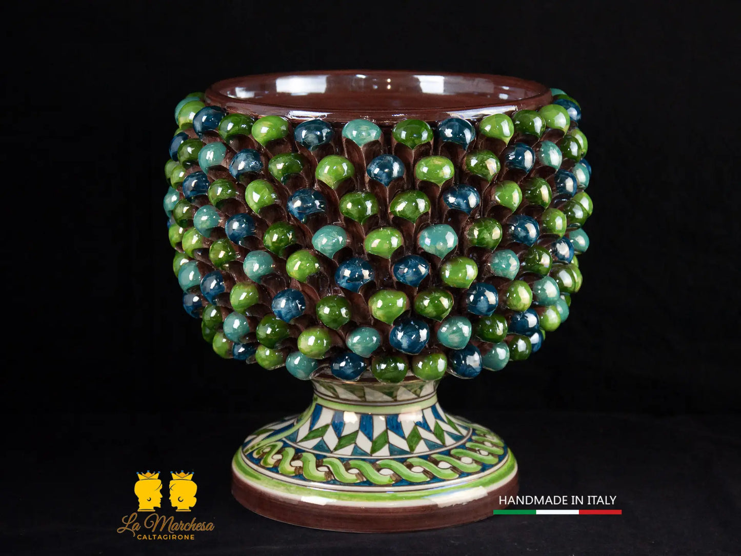 Vaso Mezza Pigna siciliana in ceramica di caltagirone arlecchino verde blu turchese base carretto L?-1