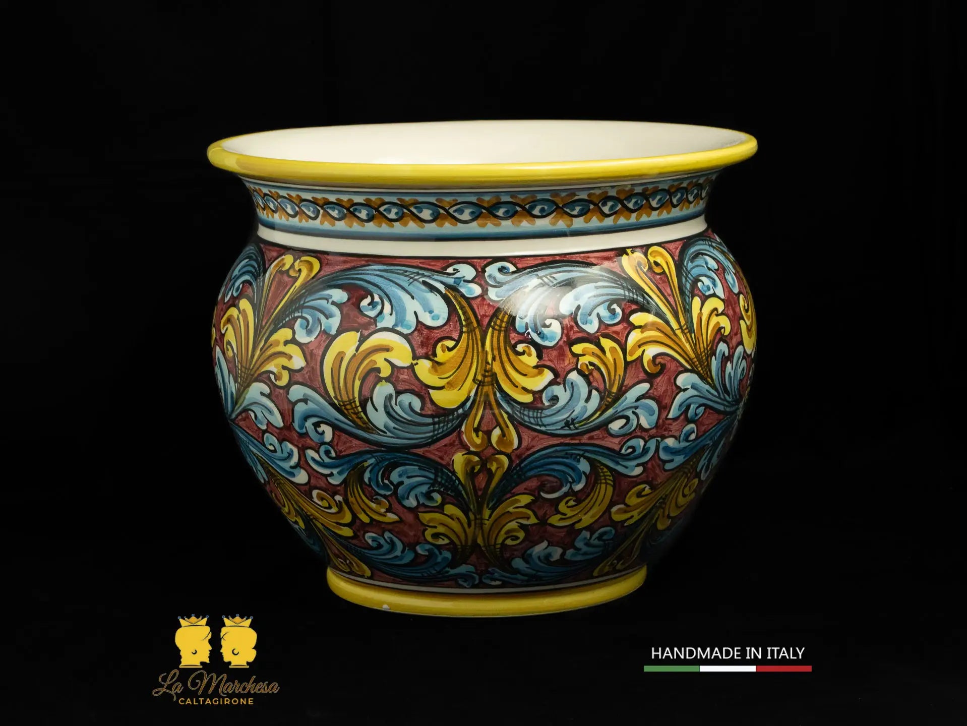 Portavaso Vaso in Ceramica di Caltagirone ornato bordeaux L30