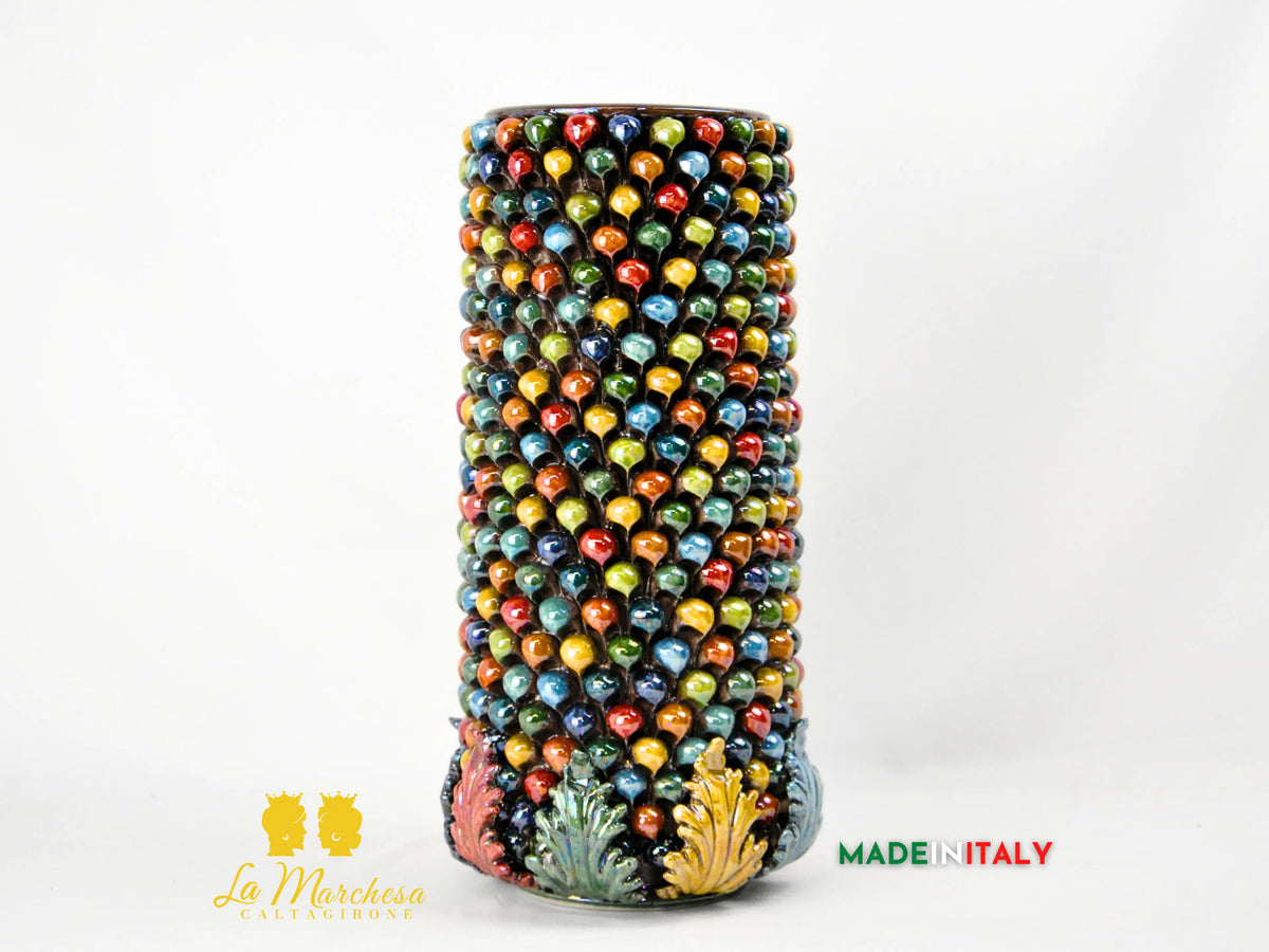 Vaso Cilindrico Pigna Siciliana Madreperla in Ceramica di Caltagirone H41 cm