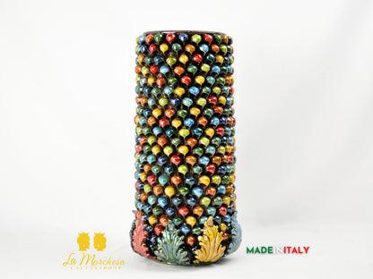 Vaso Cilindrico Pigna Siciliana Madreperla in Ceramica di Caltagirone H41 cm