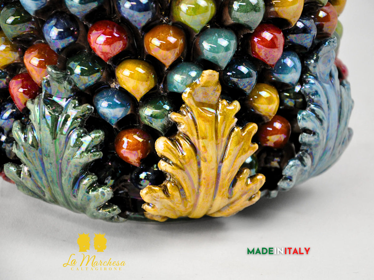 Vaso Cilindrico Pigna Siciliana Madreperla in Ceramica di Caltagirone H41 cm
