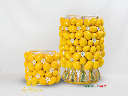 Vaso Decorato Limoni e Foglie in Ceramica di Caltagirone SERIE LUX - Varie Misure