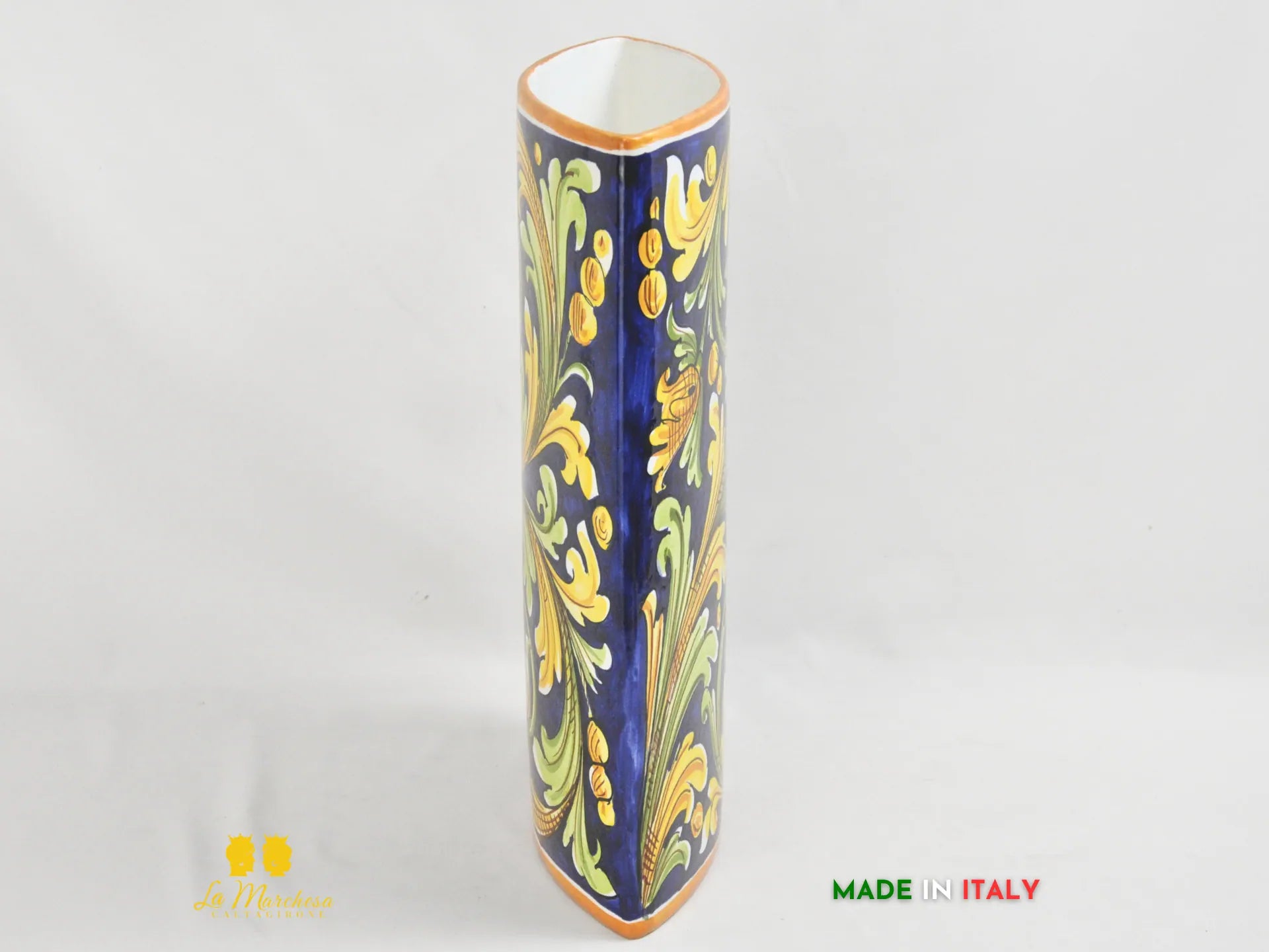 Vaso Design Sottile in Ceramica di Caltagirone blu cobalto ornato