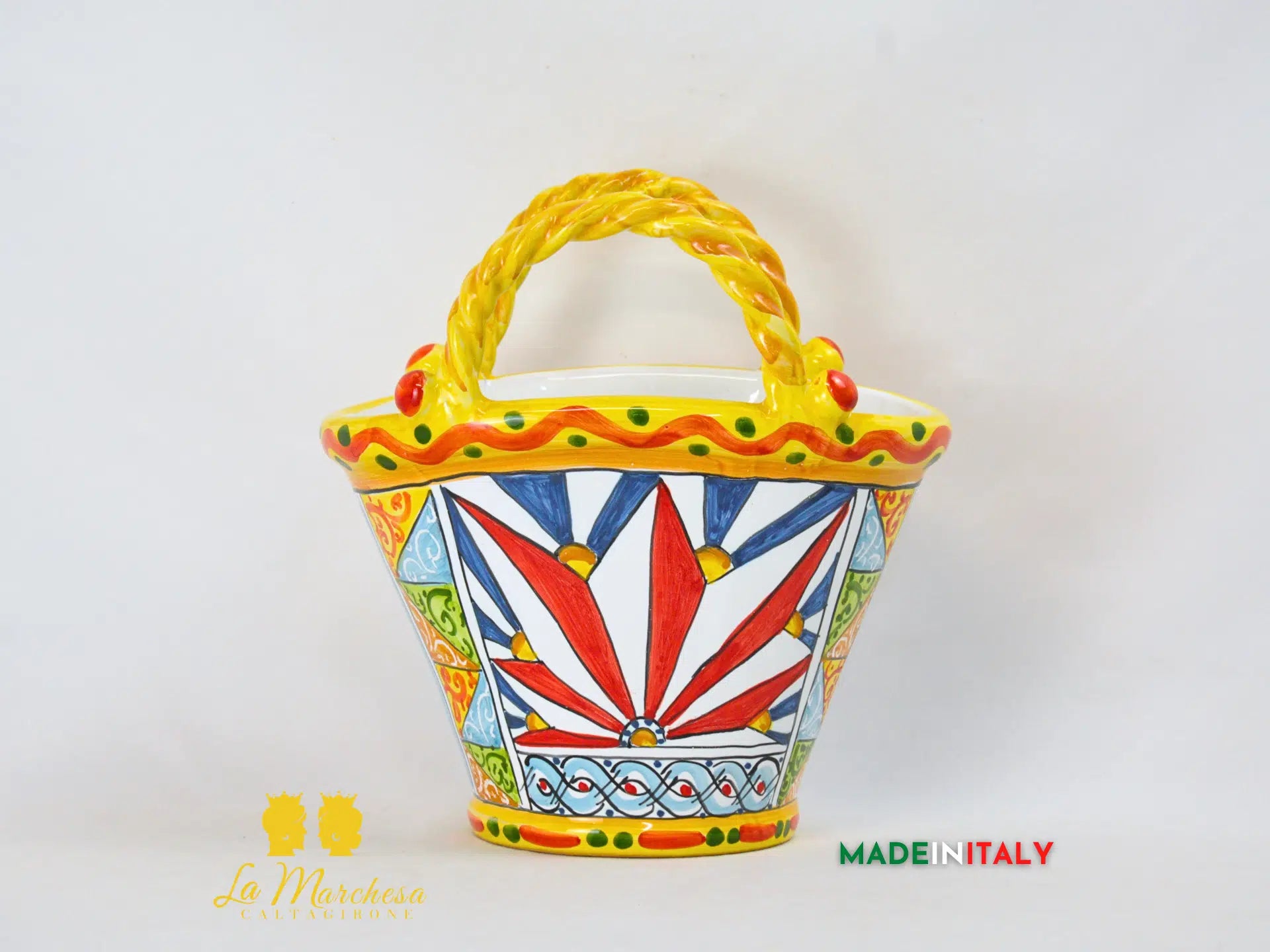 Vaso Porta Pianta Coffa Decorata in Ceramica di Caltagirone 22cm