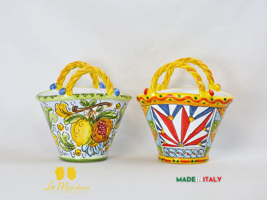 Vaso Porta Pianta Coffa Decorata in Ceramica di Caltagirone 22cm