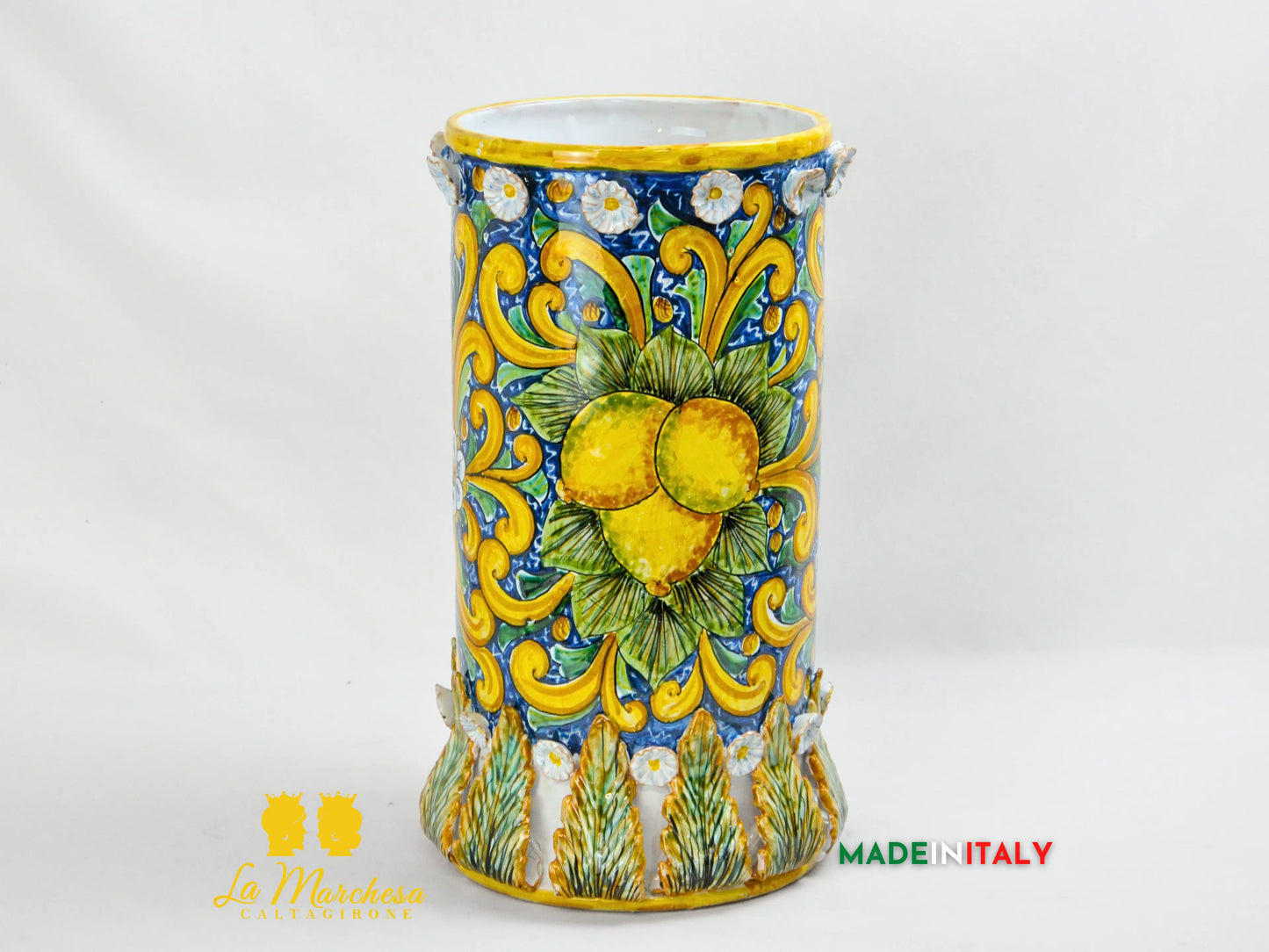 Vaso a Cilindro Decorato in Ceramica di Caltagirone 40cm - Vari Decori