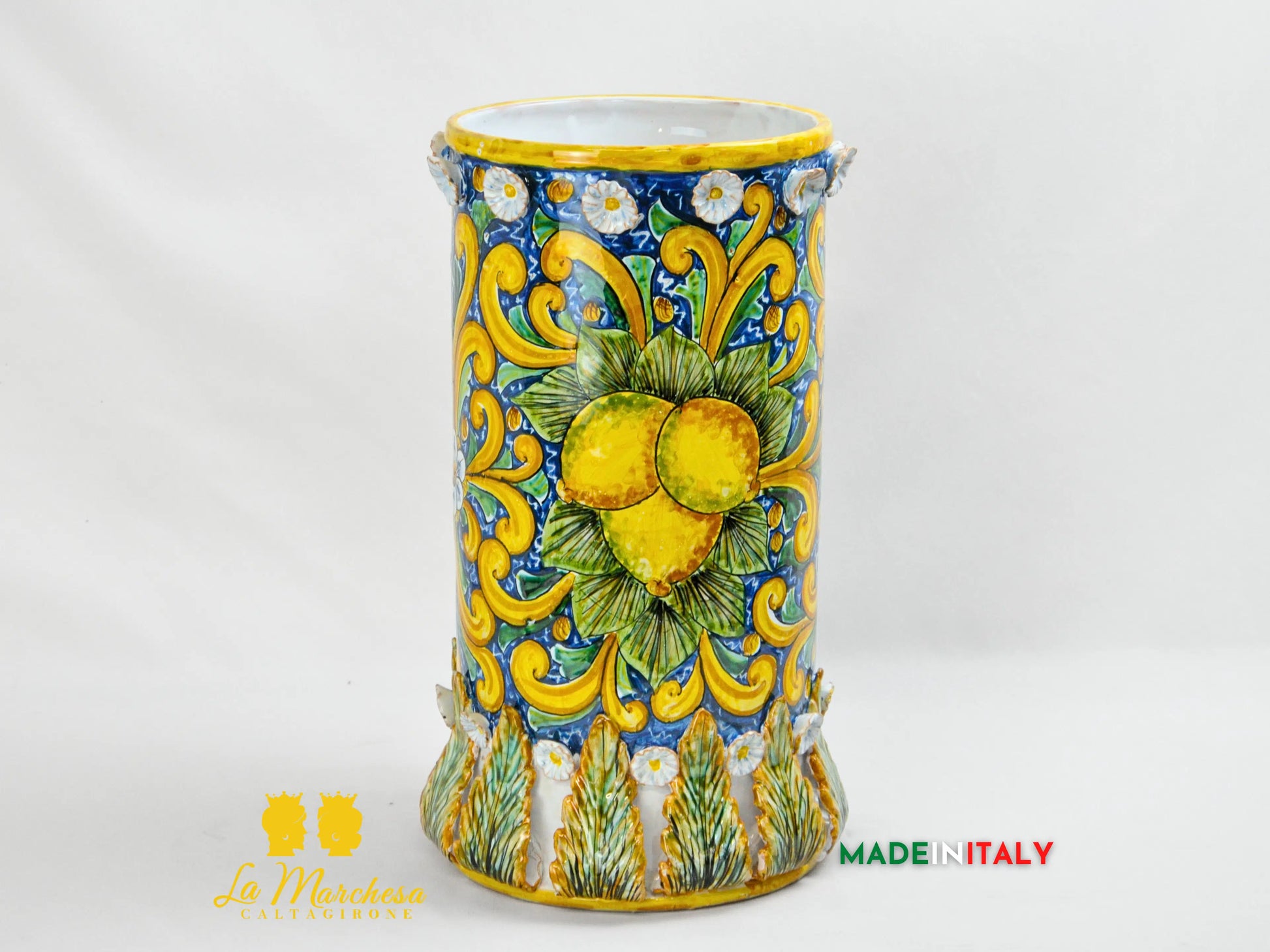 Vaso a Cilindro Decorato in Ceramica di Caltagirone 40cm - Vari Decori