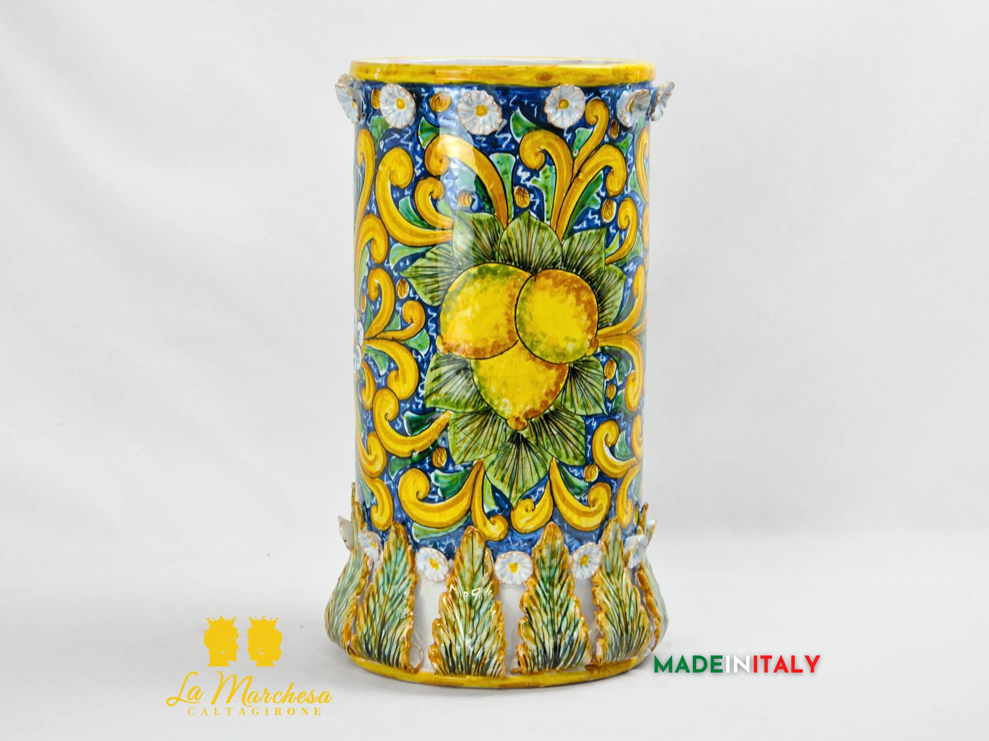 Vaso a Cilindro Decorato in Ceramica di Caltagirone 40cm - Vari Decori
