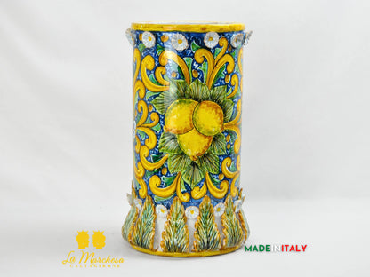 Vaso a Cilindro Decorato in Ceramica di Caltagirone 40cm - Vari Decori