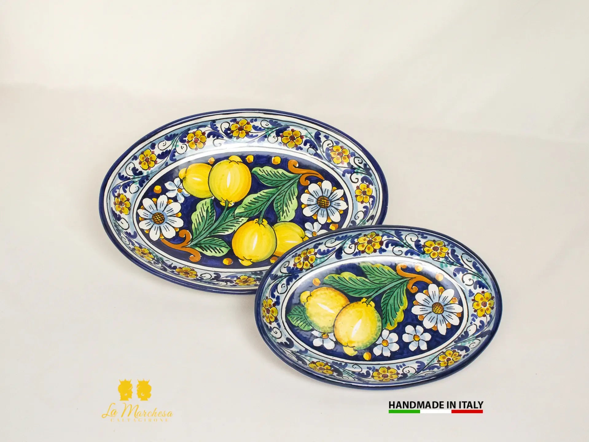 Vassoio in Ceramica di Caltagirone Blu Cobalto Limoni - Varie Misure