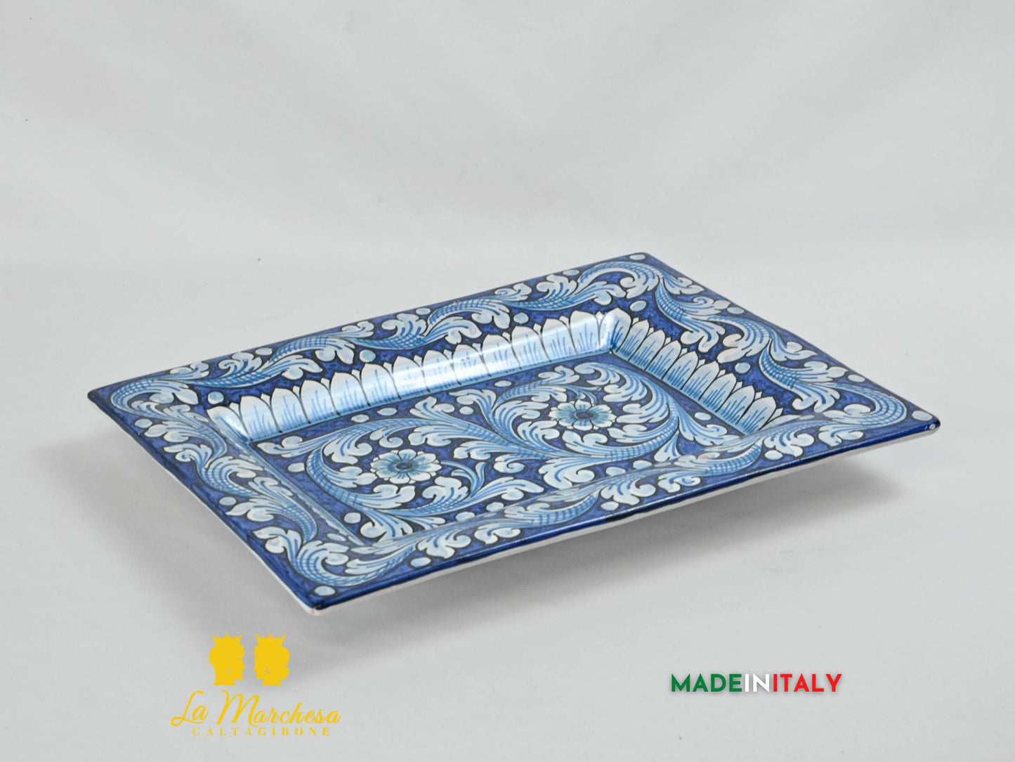 OUTLET - Piatto Rettangolare in Ceramica di Caltagirone Ornato Blu 41cm