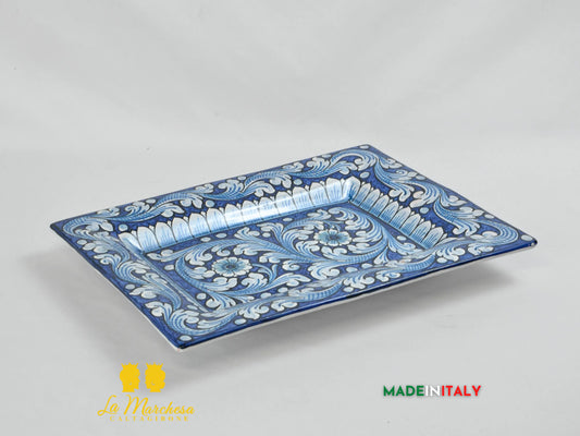 OUTLET - Piatto Rettangolare in Ceramica di Caltagirone Ornato Blu 41cm
