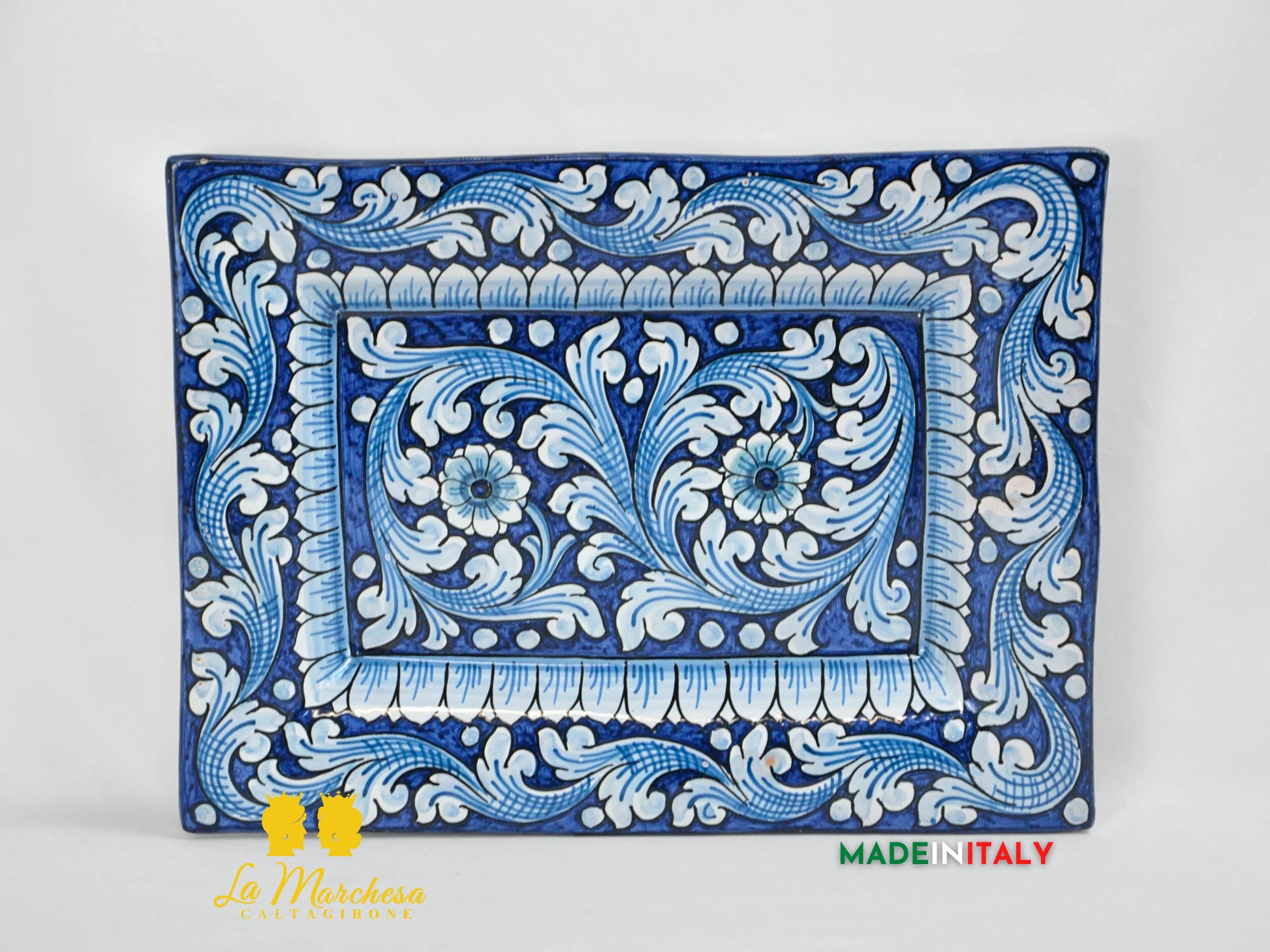 OUTLET - Piatto Rettangolare in Ceramica di Caltagirone Ornato Blu 41cm