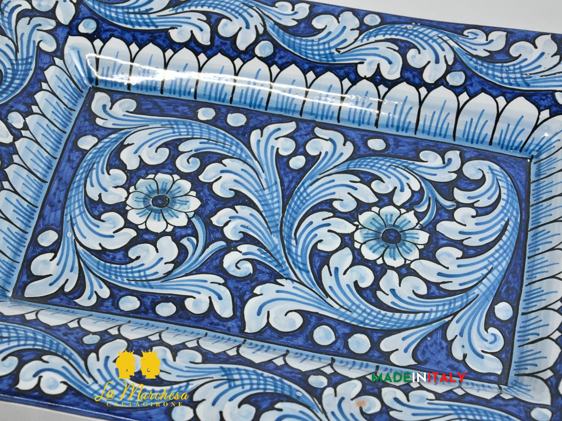OUTLET - Piatto Rettangolare in Ceramica di Caltagirone Ornato Blu 41cm