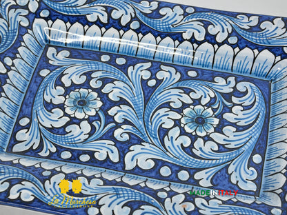 OUTLET - Piatto Rettangolare in Ceramica di Caltagirone Ornato Blu 41cm