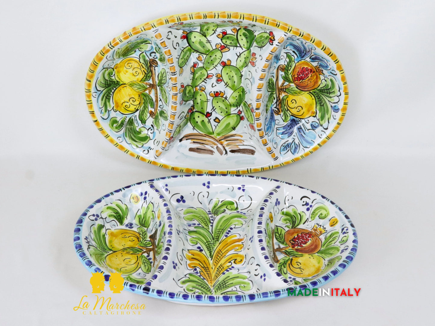 Vassoio ovale in Ceramica di Caltagirone ornato frutta 3 scomparti