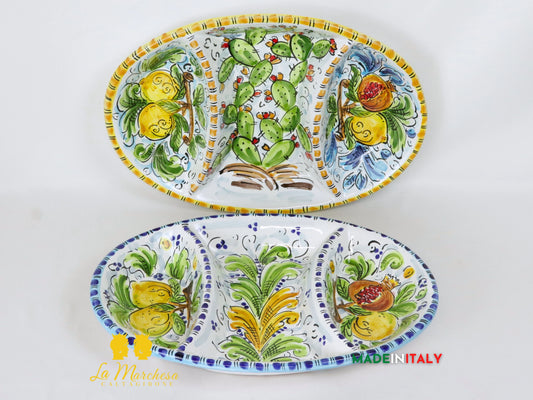 Vassoio ovale in Ceramica di Caltagirone ornato frutta 3 scomparti