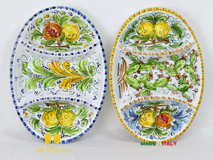 Vassoio ovale in Ceramica di Caltagirone ornato frutta 3 scomparti
