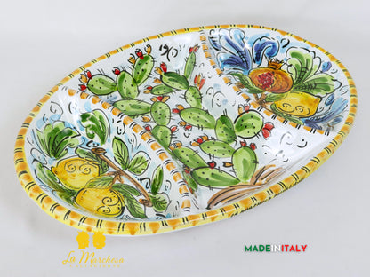 Vassoio ovale in Ceramica di Caltagirone ornato frutta 3 scomparti